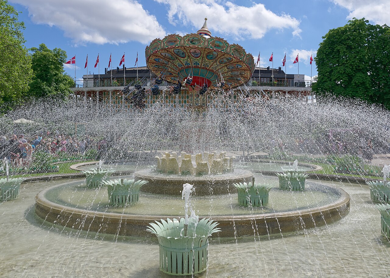 Tivoli Gardens flower beds and historic pavilions in Copenhagen